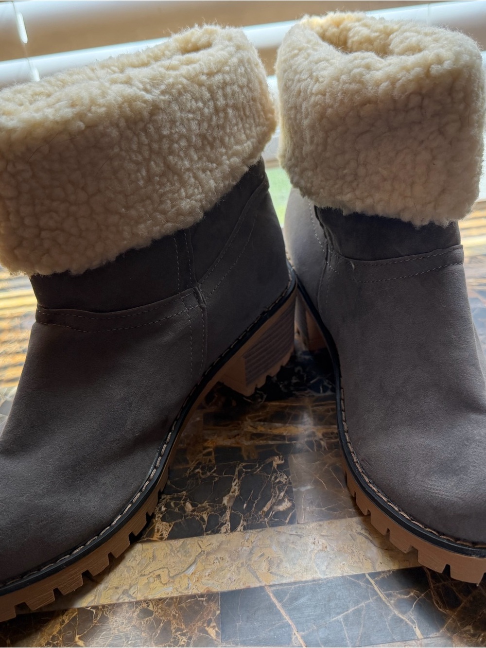 Women's Gray Faux-Suede Winter Ankle Boots with Cream Sherpa Cuff